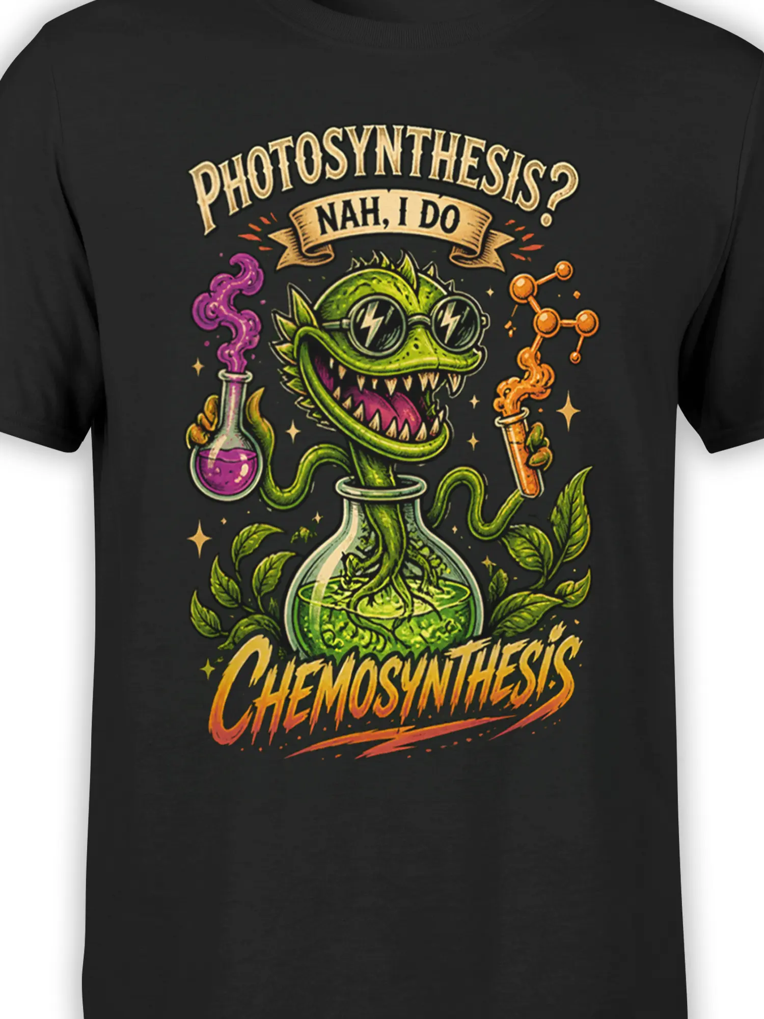 Close-up of the green lab dragon graphic, glasses, flasks, and bold chemosynthesis text on black fabric