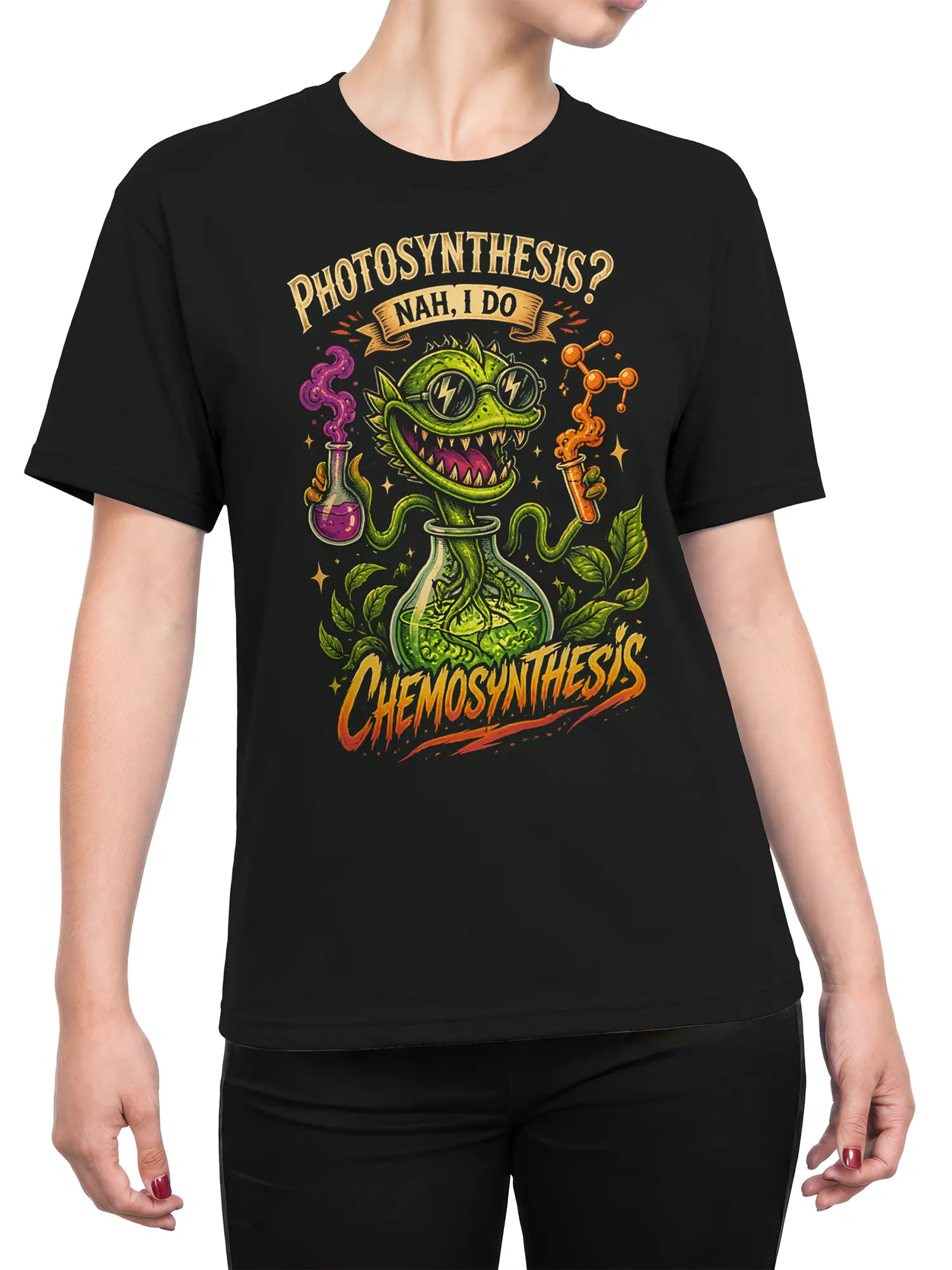 Female torso wearing a black T-shirt with a colorful green lab dragon and chemosynthesis science design