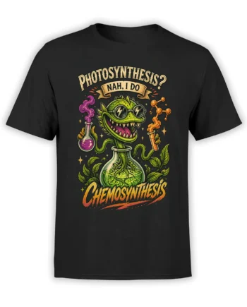 Black science T-shirt with a green dragon-like lab creature, colorful flasks, and chemosynthesis lettering