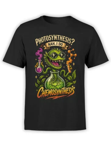 Black science T-shirt with a green dragon-like lab creature, colorful flasks, and chemosynthesis lettering