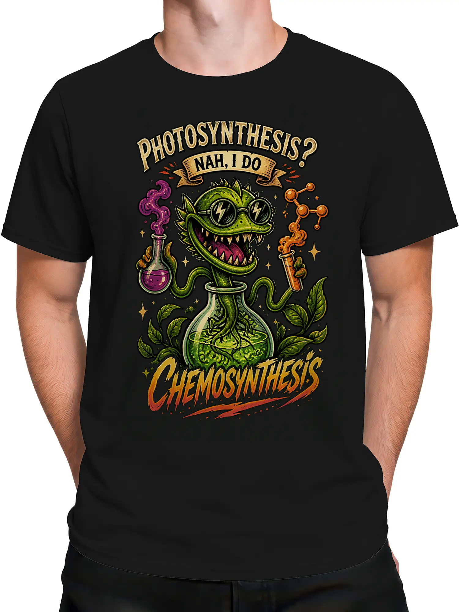 Male torso wearing a black science T-shirt with a green dragon-like laboratory creature graphic