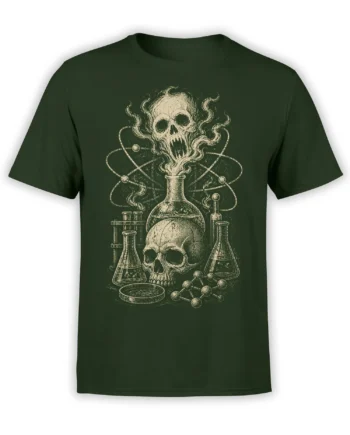 Green T-shirt with a vintage skull chemistry design, glass flasks, test tubes, and atomic orbit lines