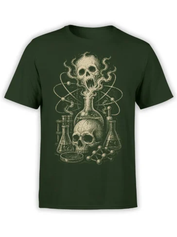 Green T-shirt with a vintage skull chemistry design, glass flasks, test tubes, and atomic orbit lines