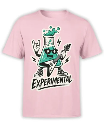Pink science T-shirt with a guitar-playing lab flask, teal liquid, lightning bolts, and EXPERIMENTAL text