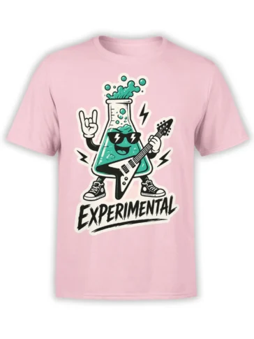 Pink science T-shirt with a guitar-playing lab flask, teal liquid, lightning bolts, and EXPERIMENTAL text