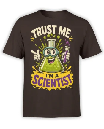 Brown scientist T-shirt with a cheerful green flask character, safety goggles, test tube, and bold colorful lettering