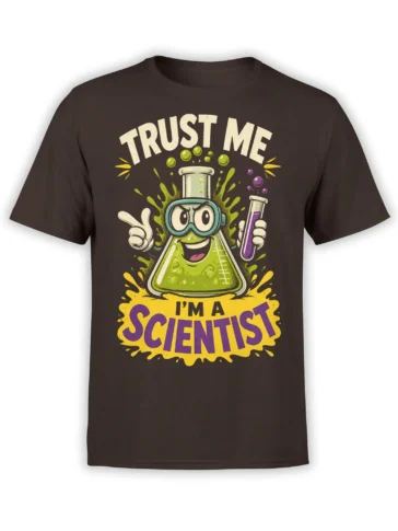 Brown scientist T-shirt with a cheerful green flask character, safety goggles, test tube, and bold colorful lettering