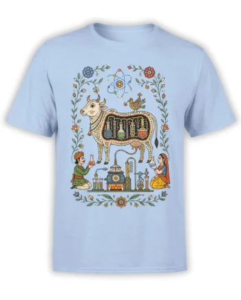 Ornate horned cow science design with lab flasks, atom symbol, flowers, and folk-art details on a light blue T-shirt