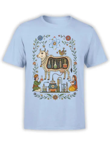 Ornate horned cow science design with lab flasks, atom symbol, flowers, and folk-art details on a light blue T-shirt
