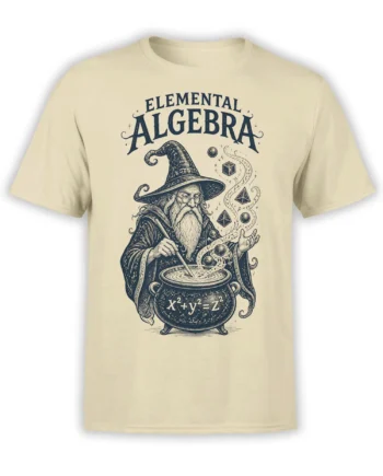 Beige fantasy t-shirt with a bearded wizard, bubbling cauldron, elemental algebra text, and floating geometric symbols