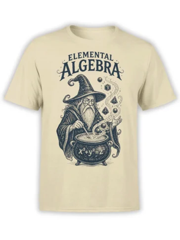 Beige fantasy t-shirt with a bearded wizard, bubbling cauldron, elemental algebra text, and floating geometric symbols