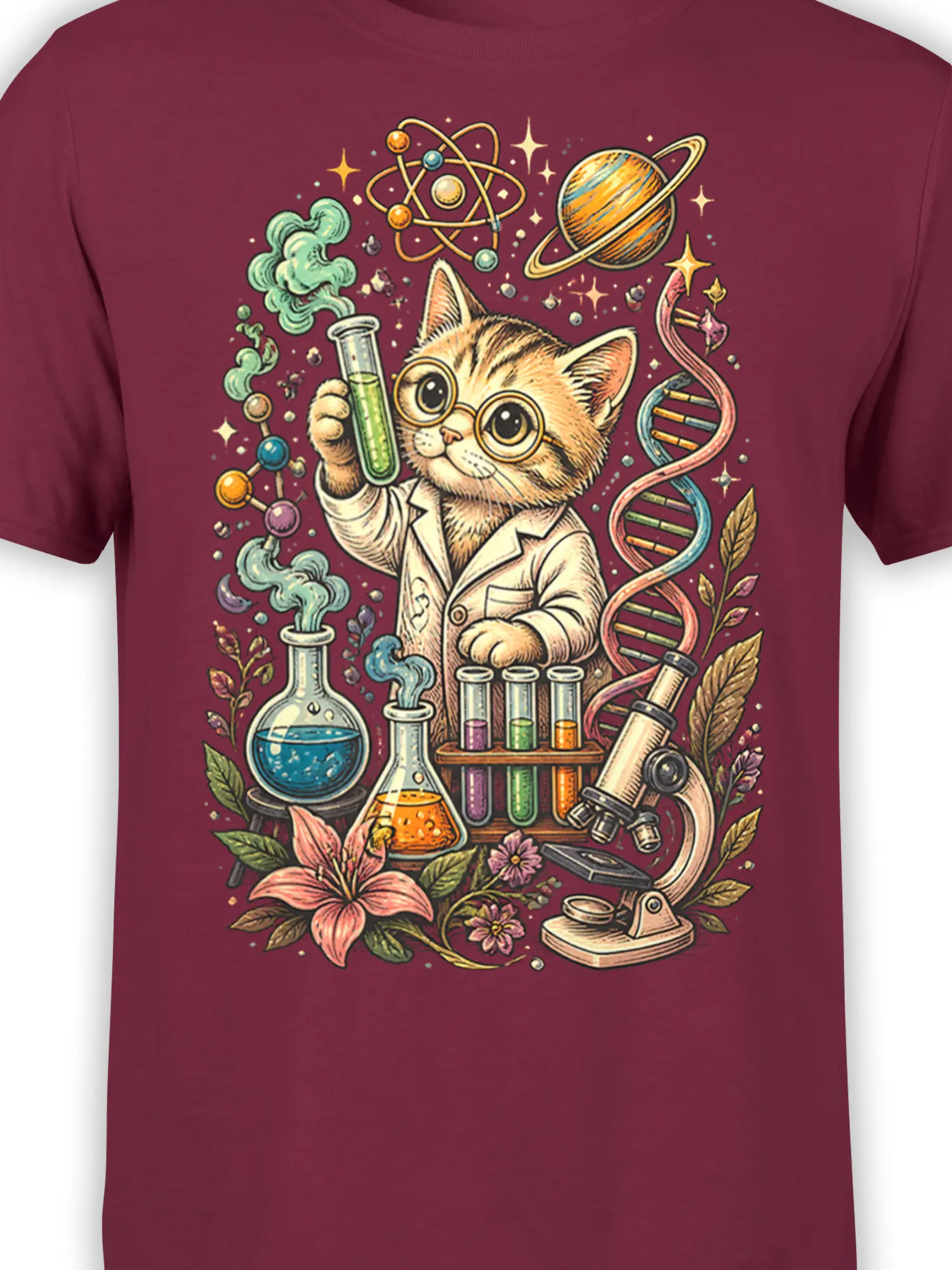 Detailed cat scientist artwork with microscope, flasks, test tubes, DNA, and planets on burgundy fabric
