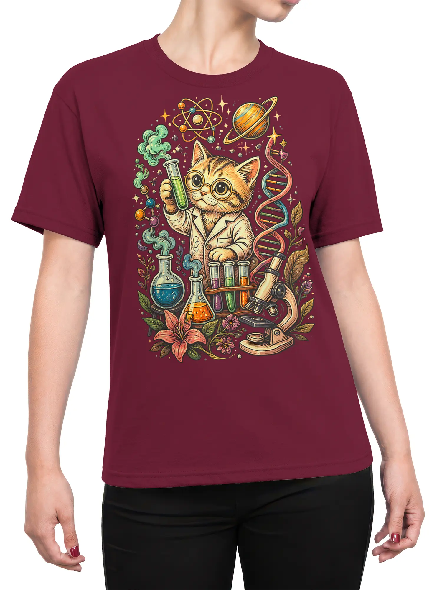 Female torso wearing a burgundy T-shirt with a cat scientist, laboratory tools, DNA, planets, and flowers
