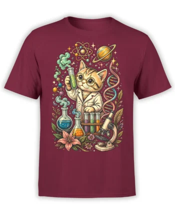 Cat scientist in a lab coat surrounded by test tubes, DNA, planets, and flowers on a burgundy T-shirt