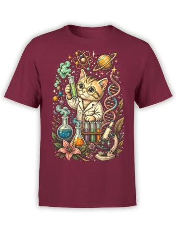 Cat scientist in a lab coat surrounded by test tubes, DNA, planets, and flowers on a burgundy T-shirt