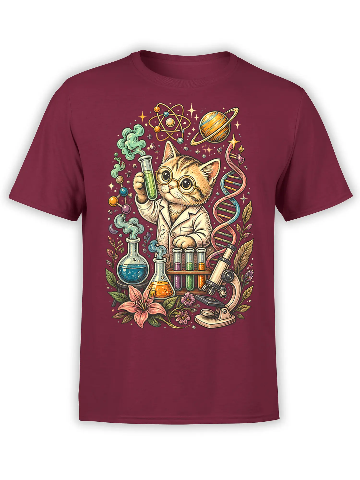 Cat scientist in a lab coat surrounded by test tubes, DNA, planets, and flowers on a burgundy T-shirt