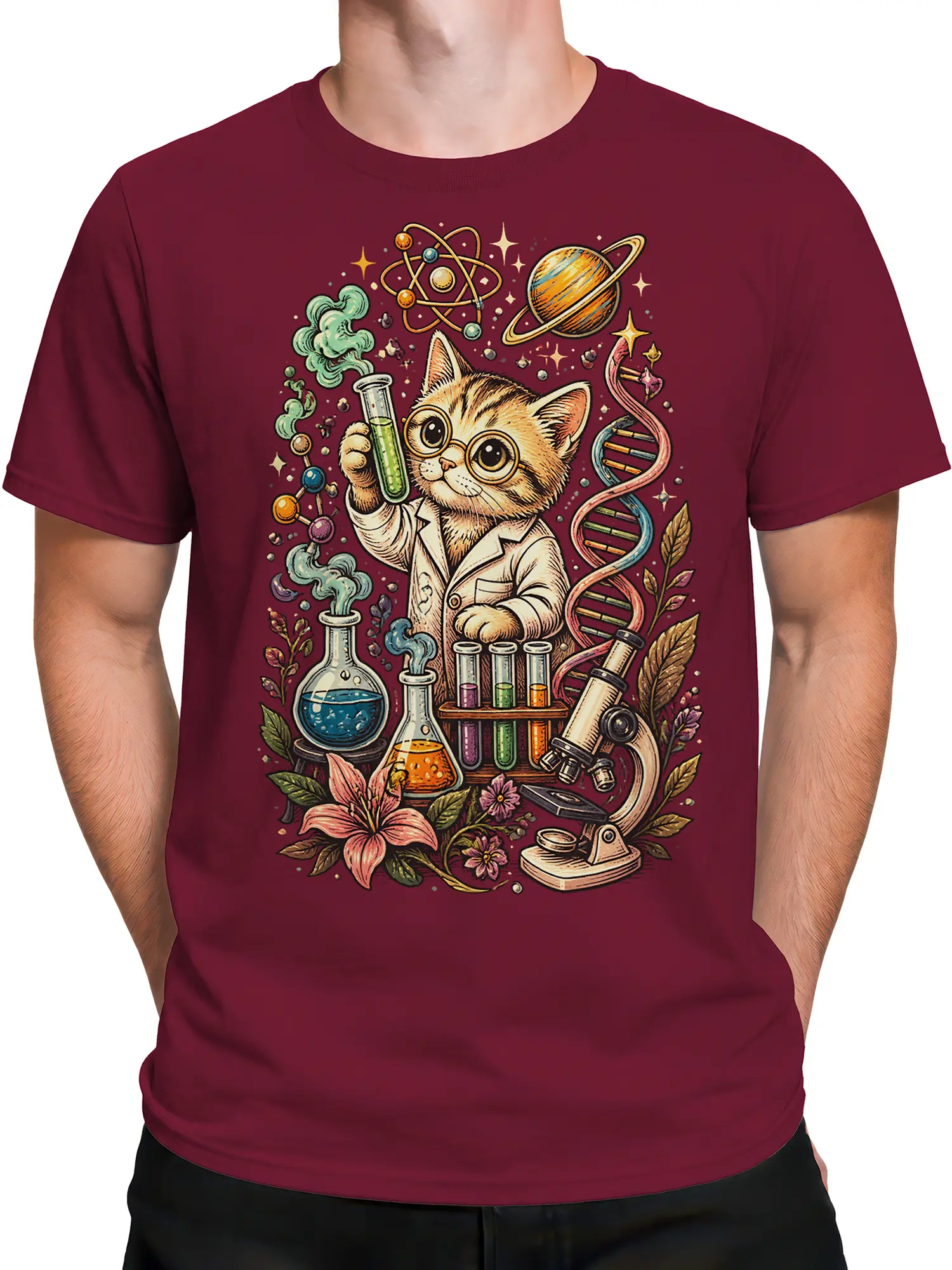 Male torso wearing a burgundy T-shirt with a cat scientist, microscope, DNA, planets, and colorful flasks