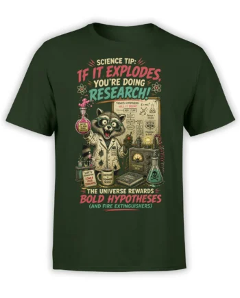 Funny raccoon scientist science design with goggles, lab equipment, and bold hypothesis text on a green T-shirt