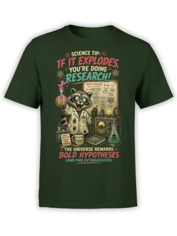Funny raccoon scientist science design with goggles, lab equipment, and bold hypothesis text on a green T-shirt