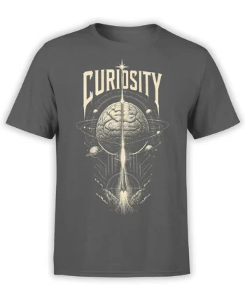 Gray science T-shirt with a vintage brain, orbiting planets, launching rocket, and bold CURIOSITY lettering