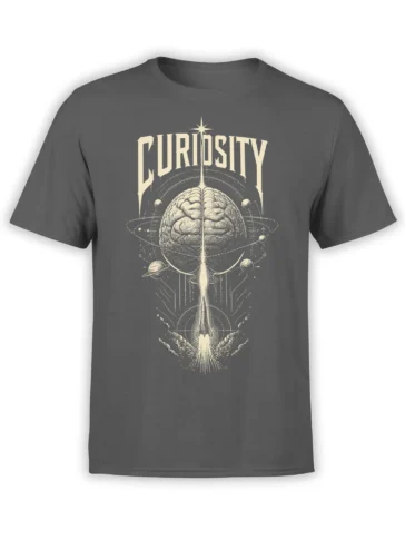 Gray science T-shirt with a vintage brain, orbiting planets, launching rocket, and bold CURIOSITY lettering
