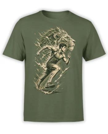 Olive green running T-shirt with a powerful athlete and lion graphic in vintage-style artwork