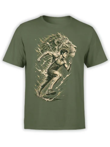 Olive green running T-shirt with a powerful athlete and lion graphic in vintage-style artwork