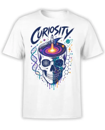 Curiosity science T-shirt with colorful skull, rocket, galaxy, DNA strands, and molecular artwork on white