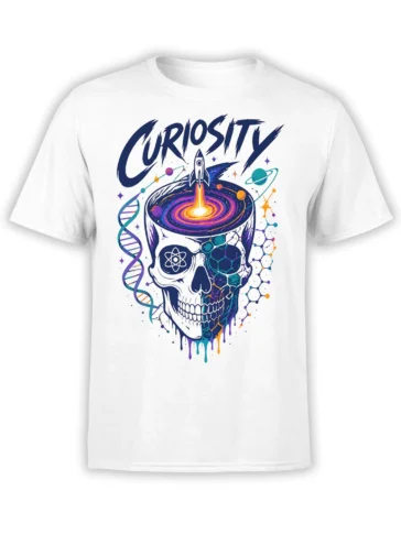 Curiosity science T-shirt with colorful skull, rocket, galaxy, DNA strands, and molecular artwork on white