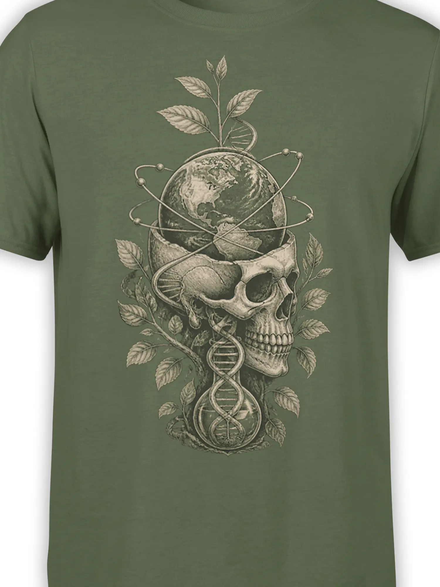 Close-up of the olive green shirt design with a skull, planet, DNA helix, orbit lines, and leaves