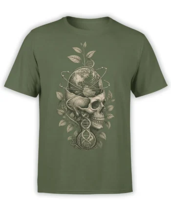 Olive green science T-shirt featuring a skull, globe, DNA helix, orbit lines, and botanical leaves
