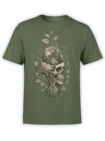 Olive green science T-shirt featuring a skull, globe, DNA helix, orbit lines, and botanical leaves