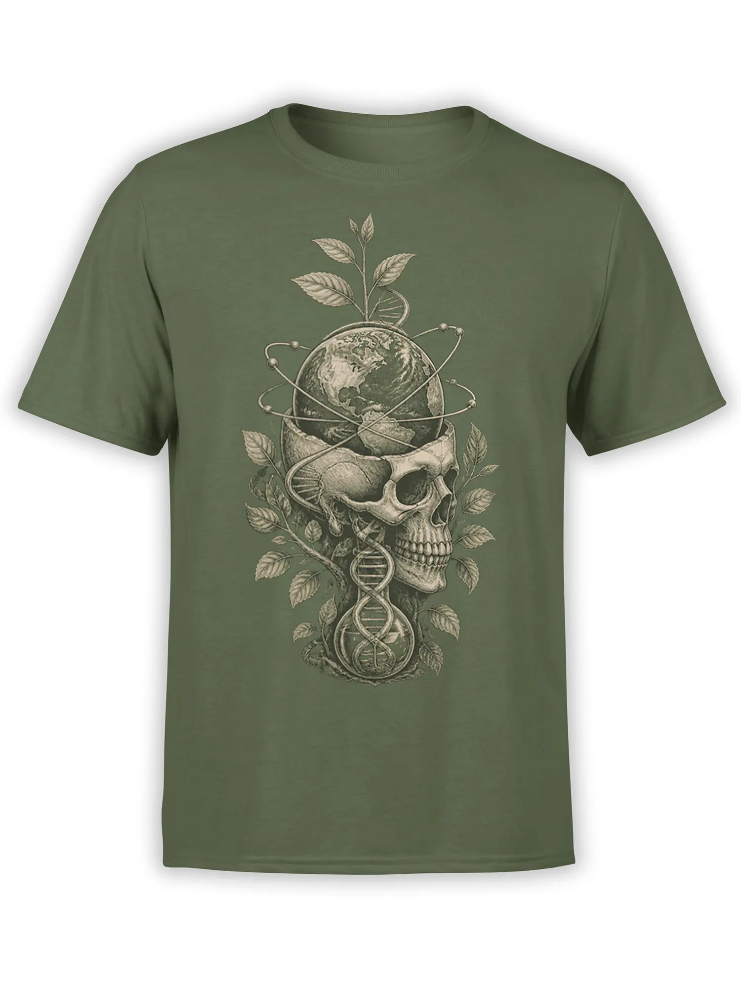 Olive green science T-shirt featuring a skull, globe, DNA helix, orbit lines, and botanical leaves