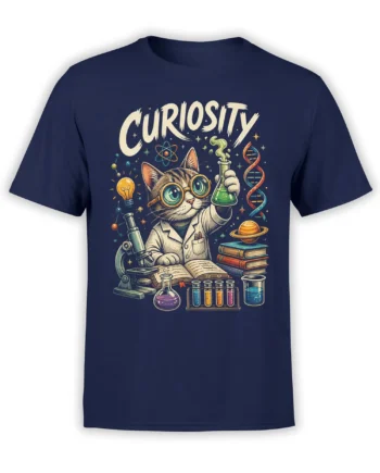 Curious striped cat scientist in goggles and lab coat with science symbols on a navy T-shirt