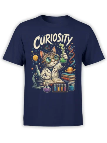 Curious striped cat scientist in goggles and lab coat with science symbols on a navy T-shirt