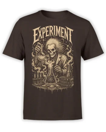 vintage skull scientist experiment design with flasks and test tubes on a dark brown T-shirt