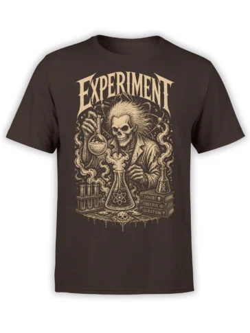 vintage skull scientist experiment design with flasks and test tubes on a dark brown T-shirt