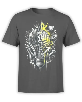Gray science T-shirt with a brain-shaped light bulb, atoms, laboratory glassware, molecules, and planets