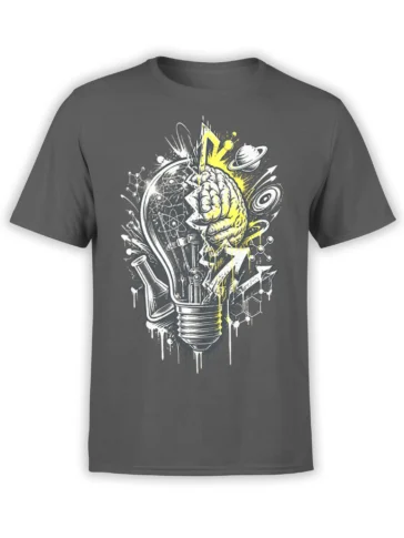 Gray science T-shirt with a brain-shaped light bulb, atoms, laboratory glassware, molecules, and planets