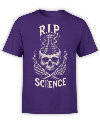 Purple science T-shirt with a skull, bubbling flask, crossed bones, and distressed RIP SCIENCE lettering