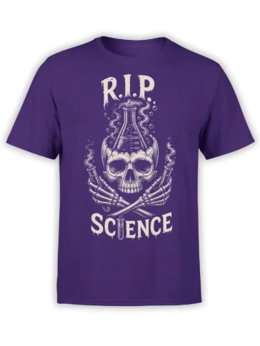 Purple science T-shirt with a skull, bubbling flask, crossed bones, and distressed RIP SCIENCE lettering