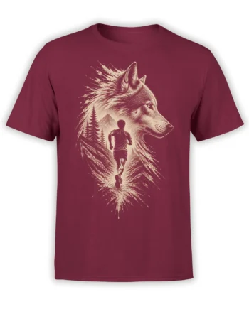 Vintage wolf and runner T-shirt in burgundy with forest trees and mountain artwork