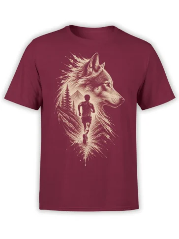 Vintage wolf and runner T-shirt in burgundy with forest trees and mountain artwork