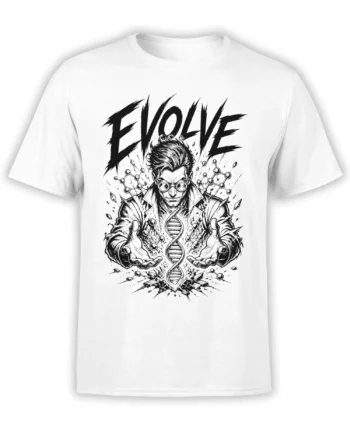 White science T-shirt with a goggle-wearing scientist, DNA helix, molecular structures, and bold EVOLVE lettering