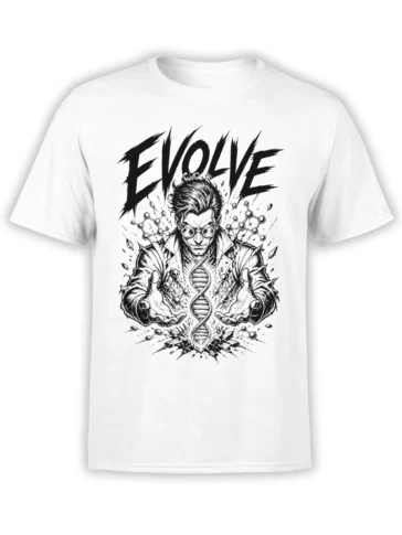 White science T-shirt with a goggle-wearing scientist, DNA helix, molecular structures, and bold EVOLVE lettering