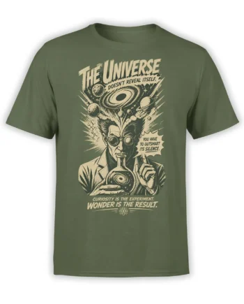 Vintage scientist holding a galaxy flask with planets and cosmic lettering on a green T-shirt