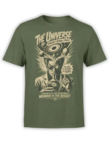 Vintage scientist holding a galaxy flask with planets and cosmic lettering on a green T-shirt