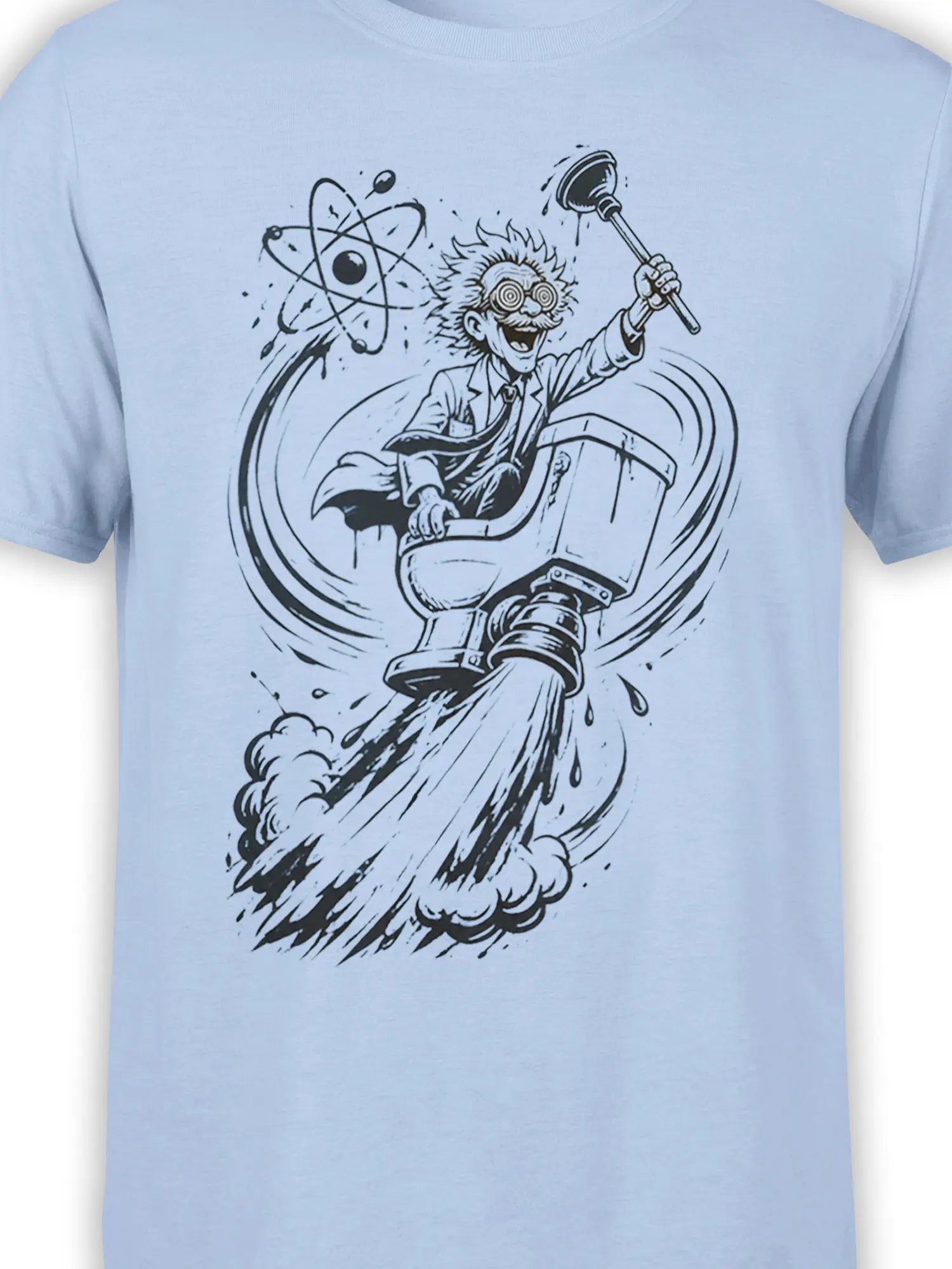 Close-up of wild-haired scientist, round goggles, rocket, and atomic orbit printed on a light blue shirt