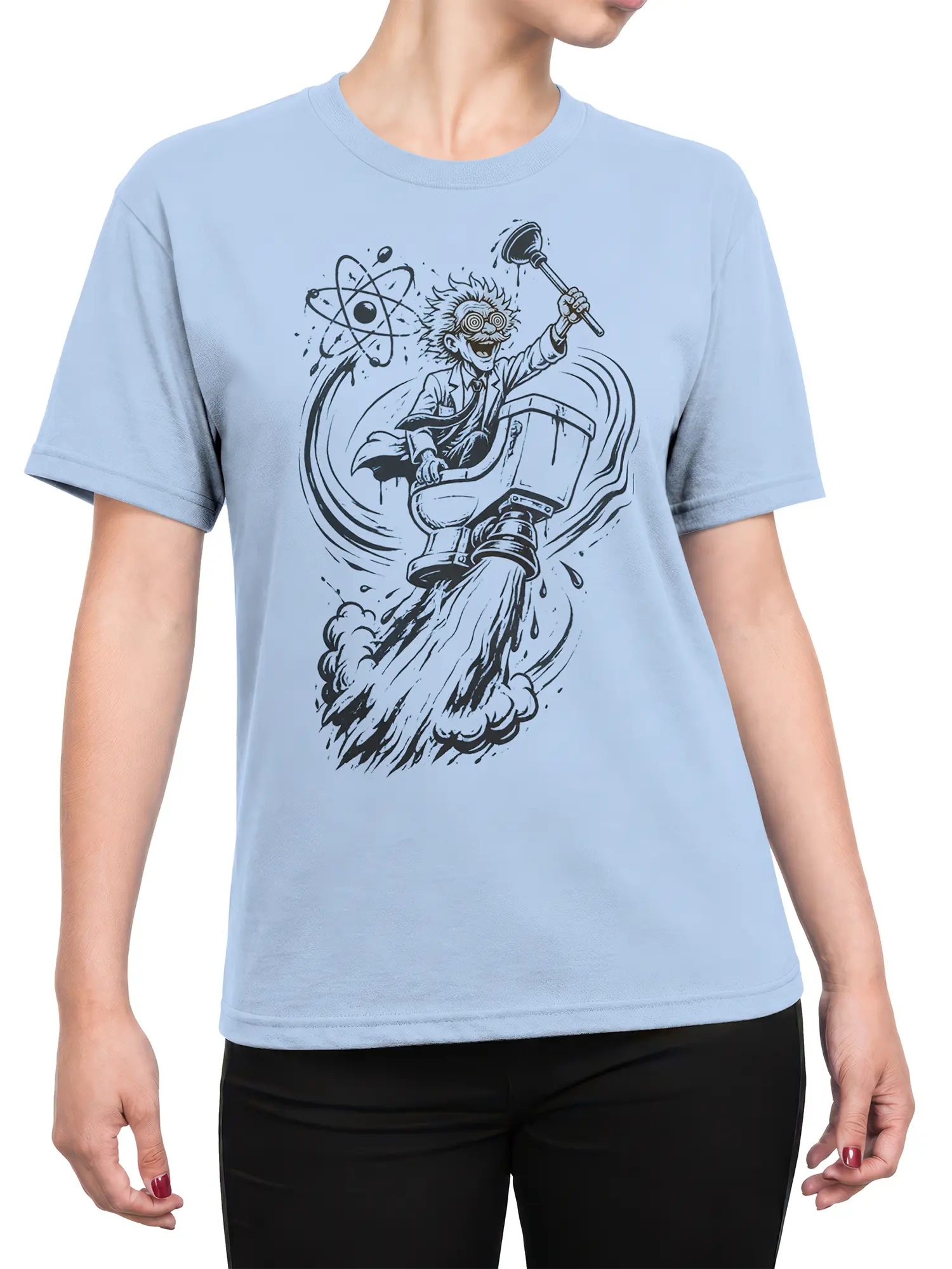 Female torso wearing a light blue scientist T-shirt with a vintage rocket and atomic orbit design