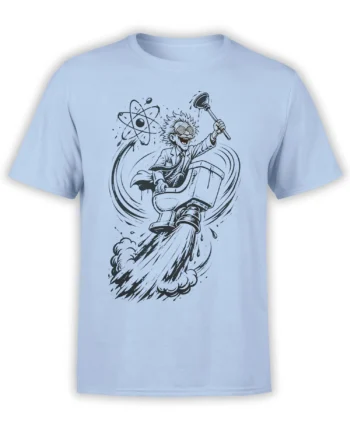 Light blue scientist T-shirt with a wild-haired inventor riding a rocket beneath an atomic orbit